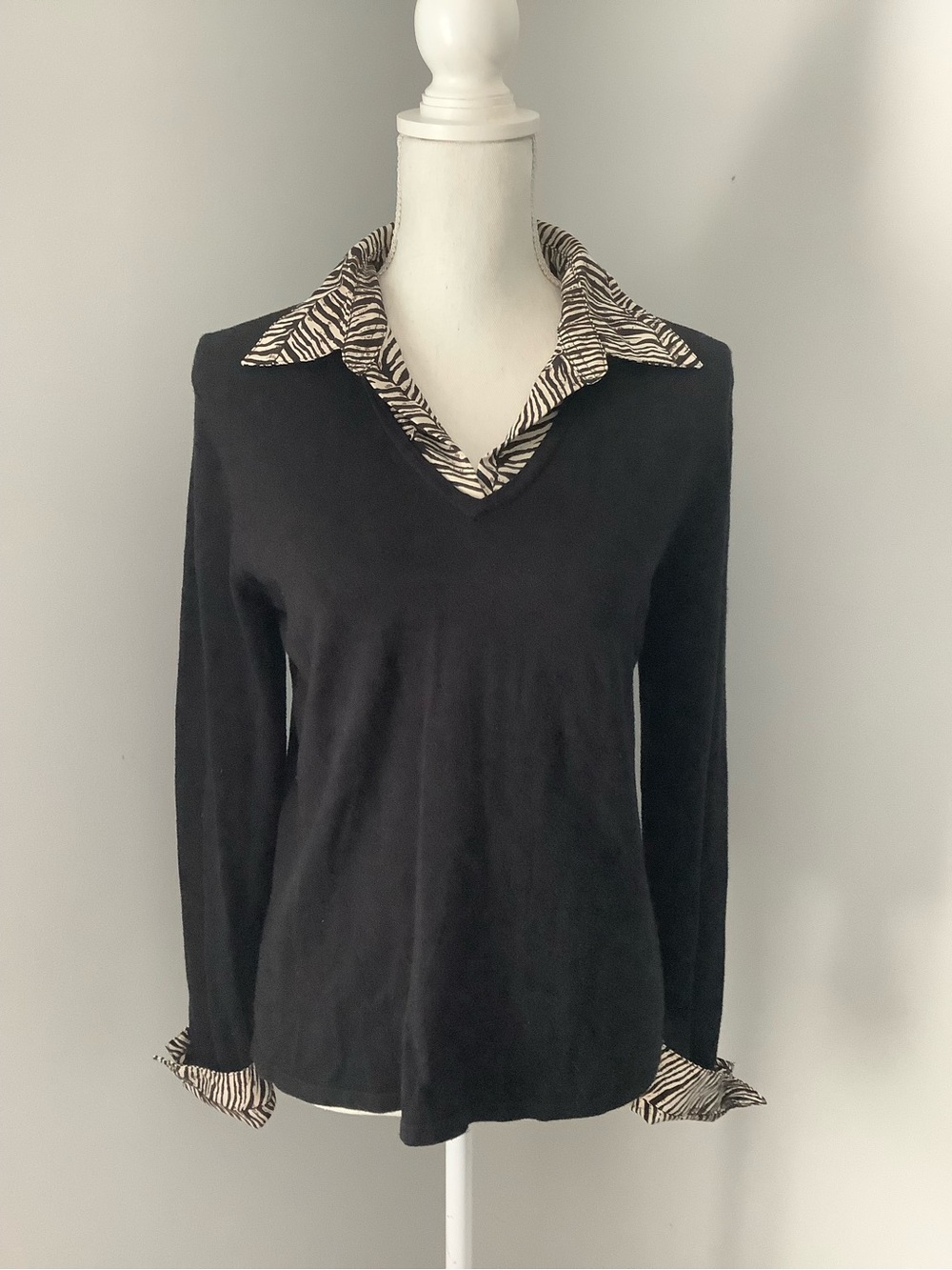 Notations Black V-Neck Sweater with Zebra-Print Collar & Cuffs